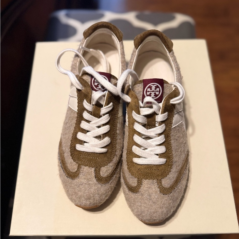 Tory Burch Beige Wool & Brown Suede Low-Top Sneakers with Maroon Logo